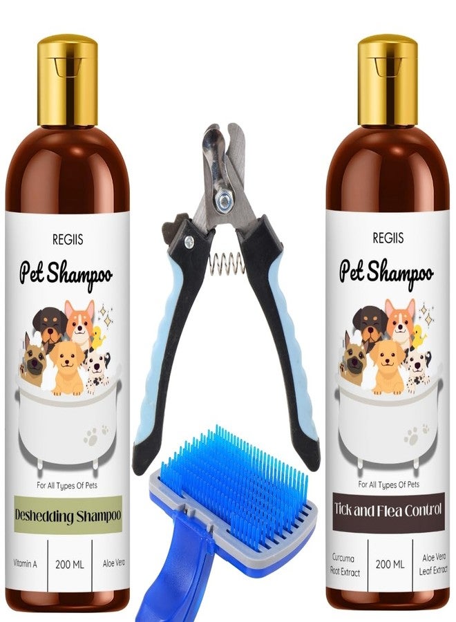 مجموعة ريجيس للعناية بالحيوانات الأليفة، شامبو لإزالة الشعر الزائد ومكافحة القراد 200 مل مع فرشاة تنظيف ذاتي، خلاصة الصبار الطبيعي والكركم (عبوة من 4 قطع) - Image 1